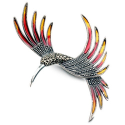 Broszka koliber srebrna z markazytami i kolorową emalią