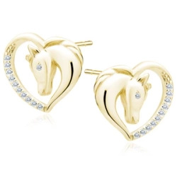 Srebrne pozłacane kolczyki pr.925 serce - koń z białymi cyrkoniami